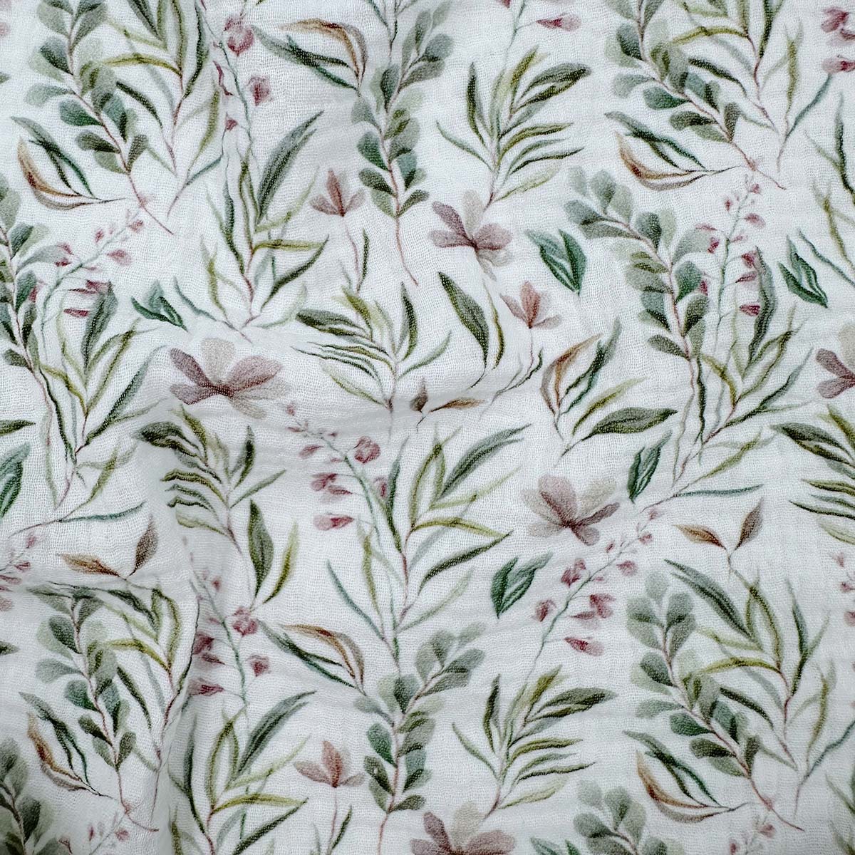 Double Gauze Cotton Fabric with Green Branches Print