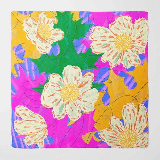 Bright Floral Silk Scarf on Pink, Green, Yellow Background