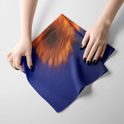 Dark Blue Silk Scarf with Blurred Orange flower