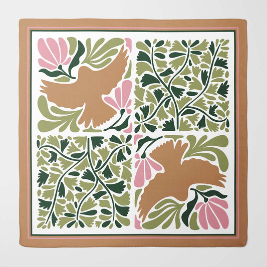 Elegant Floral and Bird Silk Scarf - Beige, Green, Pink