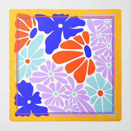 Fun Floral Design Silk Scarf - Yellow, Blue, Orange