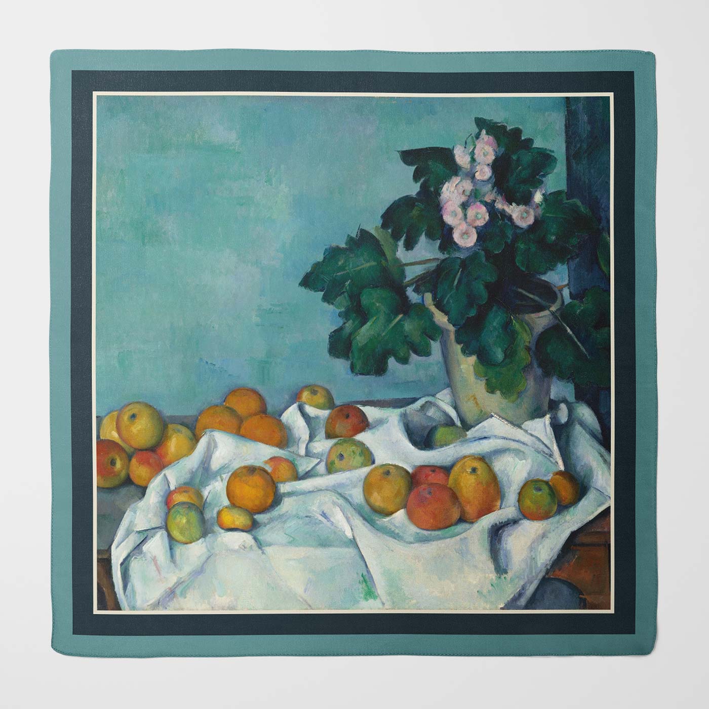 Still life with apples and a pot of primroses silk scarf