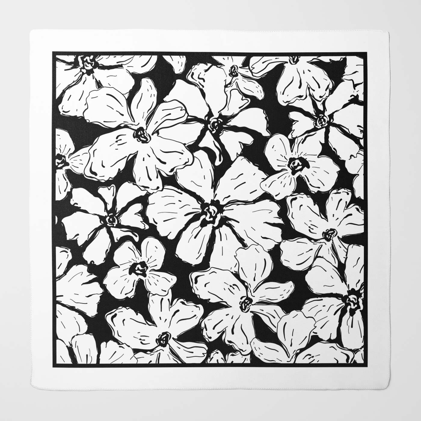 White Hand Drawn Floral Silk Scarf with Black Background