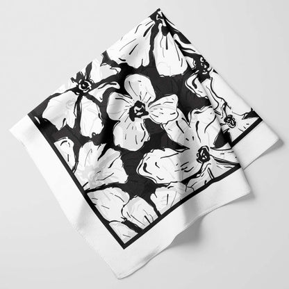 White Hand Drawn Floral Silk Scarf with Black Background